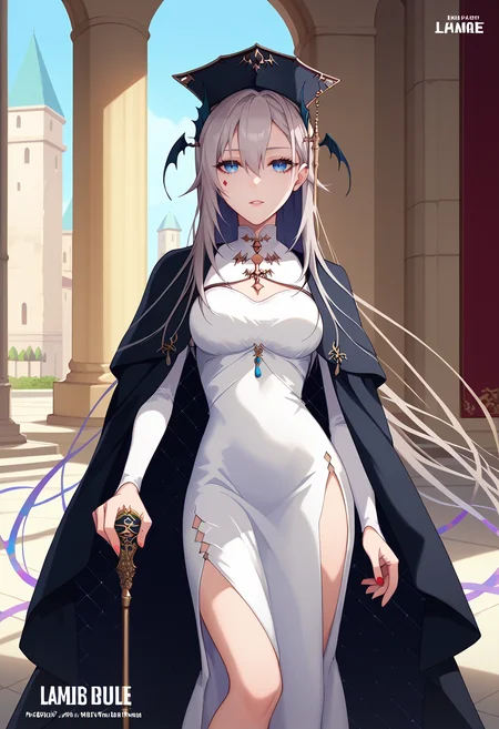 score_9, score_8_up, score_7_up, anime screencap, source_anime, 1girl, solo,
<lora:Ida_Pochi_V1:.85>, KJOpochi, long hair, grey hair, blue eyes, hair between eyes, facial mark, hair ornament,
White dress, side slit, black cape, black hat, long sleeves,
holding cane, expressionless, parted lips, looking at viewer, head tilt, leaning on cane, leaning to the side,
ballroom, mansion, marble \(stone\), pillars,
(Beautiful, medium Breasts:1.2), natural breasts,