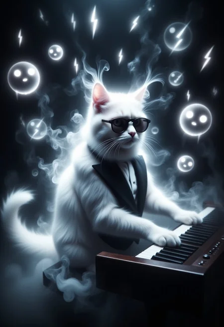 Ghostlystyle, white cat with sunglasses and a suit playing a grand piano, floating lightning bolt emojis, translucent cat, digital art