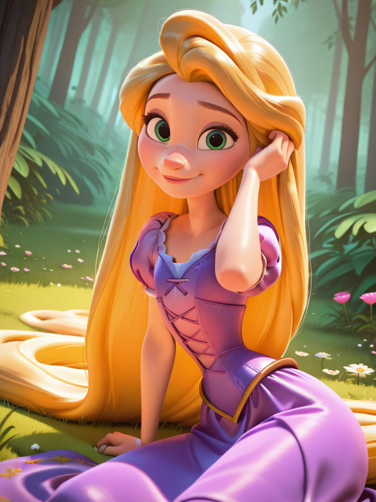 DisneyStudioXL, cinematic,
1girl, (rapunzel \(disney\):1.1), purple dress, very long hair, green eyes, blonde hair, puffy sleeves, short sleeves, corset, flat chest, narrow waist, wide hips,
smile, happy, dutch angle, cute pose, looking at viewer, nature, grass, flowers around, dynamic pose, cowboy shot, sitting on floor, one hand on hair,, from side, 
 <lora:DisneyStudios_style-12IL:1>