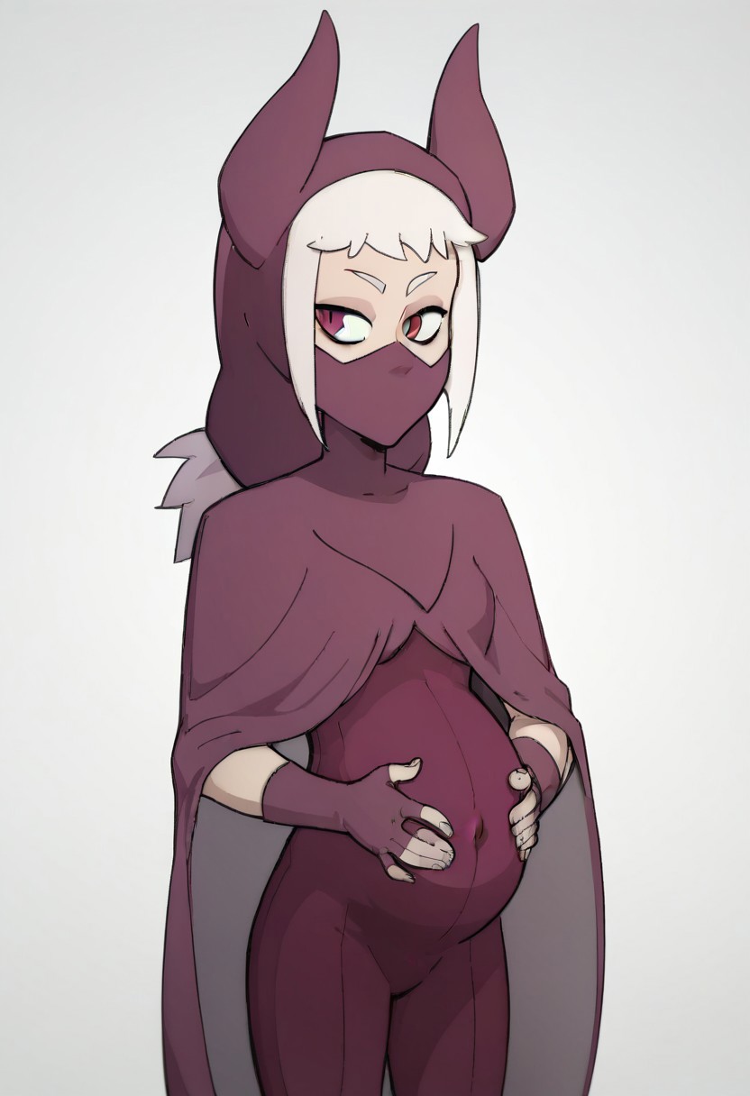 score_9, score_8_up, score_7_up, Vanripper, mask, 1girl, solo, pregnant, norawakfu, white hair, purple eyes, hood, horns, hood, horns, cloak, fingerless elbow gloves, bodysuit, cape, standing, holding belly, covered belly, covered navel, white background,