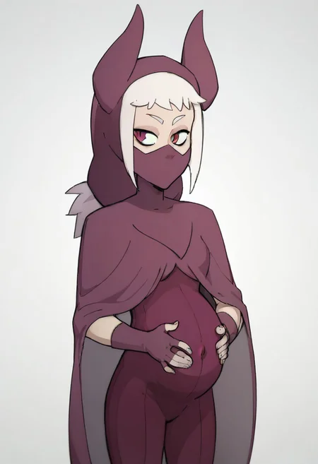 score_9, score_8_up, score_7_up, Vanripper, mask, 1girl, solo, pregnant, norawakfu, white hair, purple eyes, hood, horns, hood, horns, cloak, fingerless elbow gloves, bodysuit, cape, standing, holding belly, covered belly, covered navel, white background,