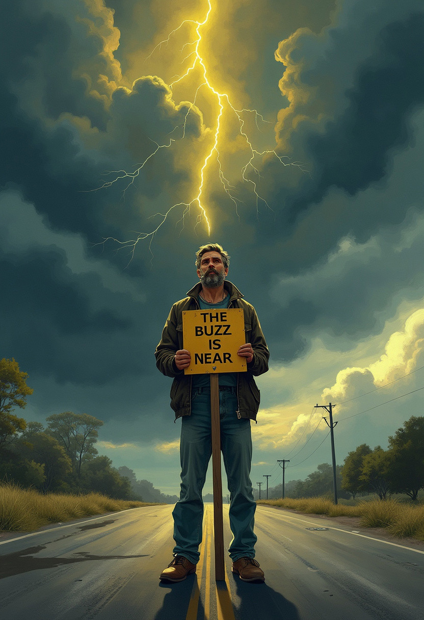 realistic illustration of a male hobo. He is standing in the middle of the road. He has a sign that says: "THE BUZZ IS NEAR" The sky is filled with dark clouds.  a yellow lightining strike is falling from the clouds to the hobo.