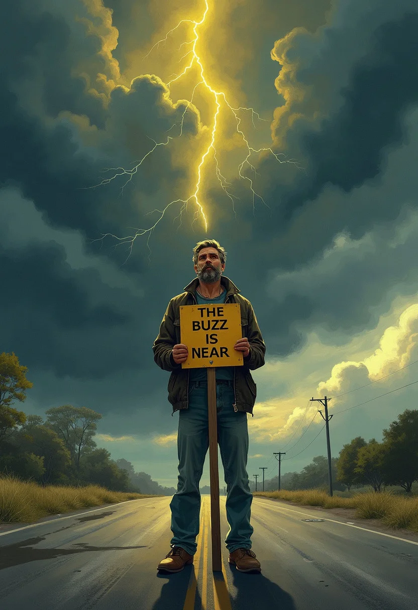 realistic illustration of a male hobo. He is standing in the middle of the road. He has a sign that says: "THE BUZZ IS NEAR" The sky is filled with dark clouds. a yellow lightining strike is falling from the clouds to the hobo.