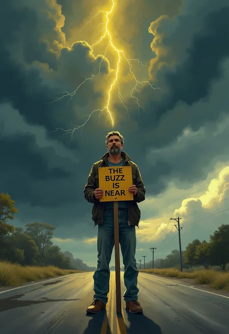 realistic illustration of a male hobo. He is standing in the middle of the road. He has a sign that says: "THE BUZZ IS NEAR" The sky is filled with dark clouds. a yellow lightining strike is falling from the clouds to the hobo.