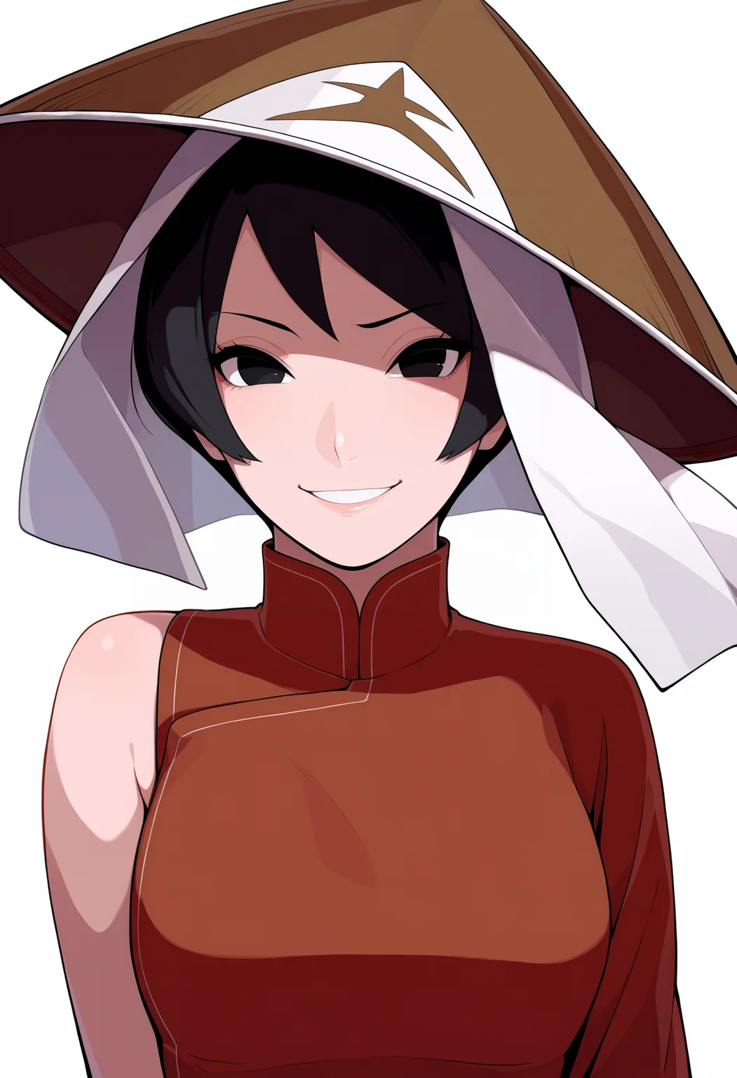 masterpiece, best quality, very aesthetic, absurdres,
1girl, kurotsuchi, short hair, black hair, black eyes,
hat, china dress,
upper body,
smile, looking at viewer, solo, (simple background, white background:1.3), <lora:KurotsuchiBorutoNoobXL_byKonan:1>