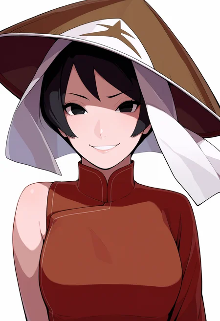masterpiece, best quality, very aesthetic, absurdres,
1girl, kurotsuchi, short hair, black hair, black eyes,
hat, china dress,
upper body,
smile, looking at viewer, solo, (simple background, white background:1.3), <lora:KurotsuchiBorutoNoobXL_byKonan:1>