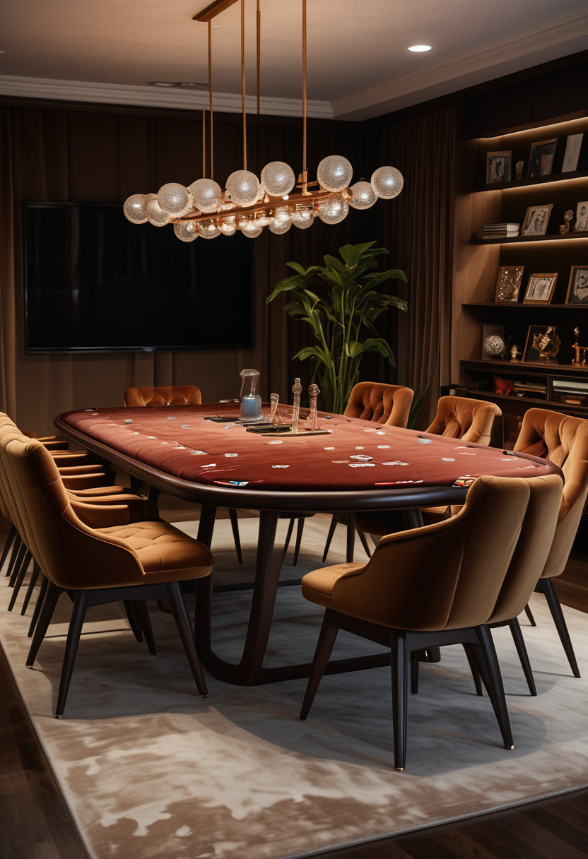 (medium full shot) of (artistic Conference table) made of velvet material, brown color, mid-century style, multi-functional, open shelves, embroidered fabric, tufted upholstery, located in  a minimalist game room, with simple furniture, neutral tones, uncluttered space, elegant feel, at night, ,Masterpiece,best quality, raw photo, realistic, very aesthetic