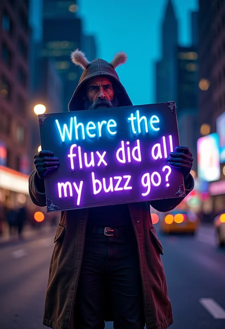 hyperrealistic lifelike photo of a homeless man wearing an elaborate outfit, holding a big blue and purple neon sign that says "Where the flux did all my buzz go?" He's' standing in front of an extremely detailed city background in the style of Roger Deakins, at night.