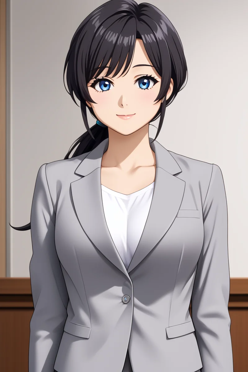 ameku mazuru, 1girl, solo, long hair, looking at viewer, smile, bangs, blue eyes, skirt,hotel lobby, shirt, black hair, long sleeves, jewelry, closed mouth, standing, jacket, cowboy shot, white shirt, low ponytail, miniskirt, formal, suit, grey skirt, pencil skirt, grey jacket, office lady, skirt suit, large breast, collarbone, <lora:HandFixer_pdxl_Incrs_v1:1> make up, <lora:Ameku_Mazuru_ATSK_Pony:1> young-adult, bare thigh, anime coloring, long hair, big eyes, kishida mel,