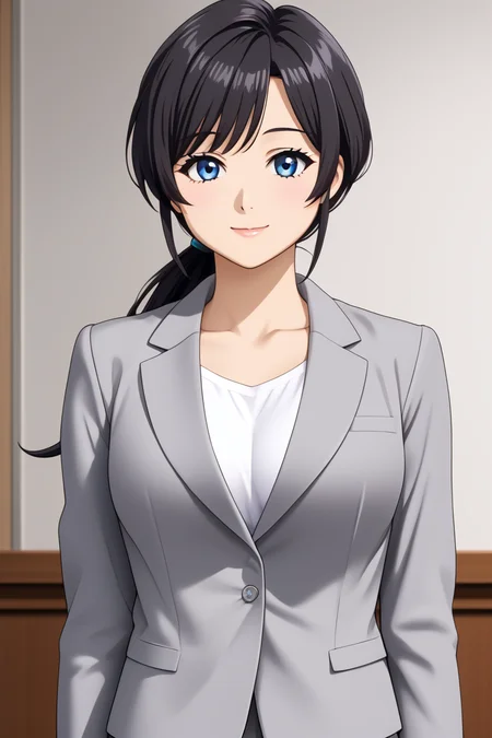 ameku mazuru, 1girl, solo, long hair, looking at viewer, smile, bangs, blue eyes, skirt,hotel lobby, shirt, black hair, long sleeves, jewelry, closed mouth, standing, jacket, cowboy shot, white shirt, low ponytail, miniskirt, formal, suit, grey skirt, pencil skirt, grey jacket, office lady, skirt suit, large breast, collarbone, <lora:HandFixer_pdxl_Incrs_v1:1> make up, <lora:Ameku_Mazuru_ATSK_Pony:1> young-adult, bare thigh, anime coloring, long hair, big eyes, kishida mel,