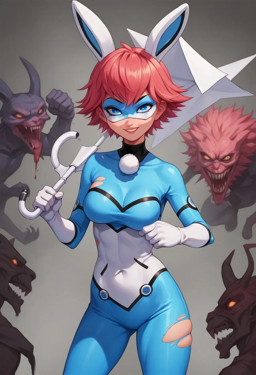 score_9, score_8_up, score_7_up, score_6_up,score_5_up,score_4_up, 2d, imtdbunnyx, 1girl, short hair, bodysuit, red hair, pink hair, mask, blue eyes, domino mask, animal ears, rabbit ears, white gloves, elbow gloves, skin tight, tall, 25 years old, mature woman, large breasts, wide hips, thick thighs, bleeding, looking at viewer, confidant smirk, cocky smile, battle pose, surrounded by monsters, surrounded by demons, torn clothing, battle damage, holding umbrella,