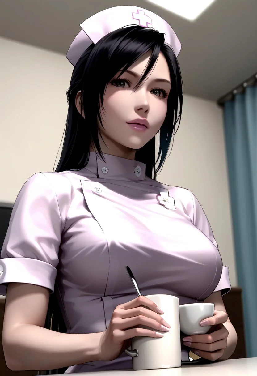 score_9,score_8_up,score_7_up,source_anime, NURSE_(UMEMARO-13),1girl,solo,breasts,hat,holding,upper body,cup,lips,nurse cap,realistic,nurse,