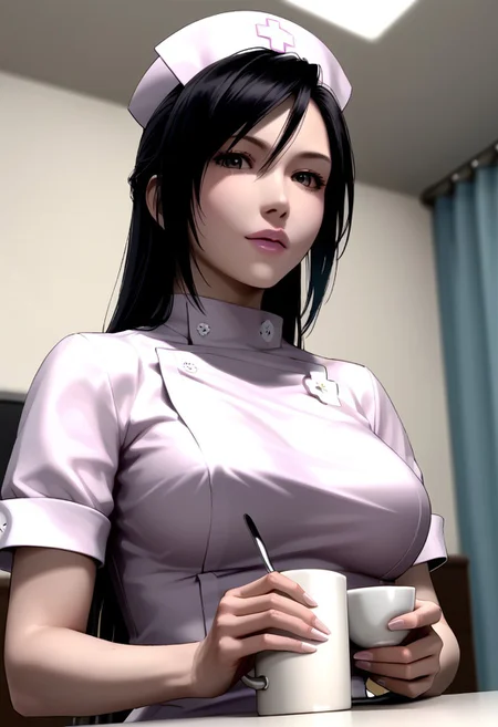 score_9,score_8_up,score_7_up,source_anime, NURSE_(UMEMARO-13),1girl,solo,breasts,hat,holding,upper body,cup,lips,nurse cap,realistic,nurse,