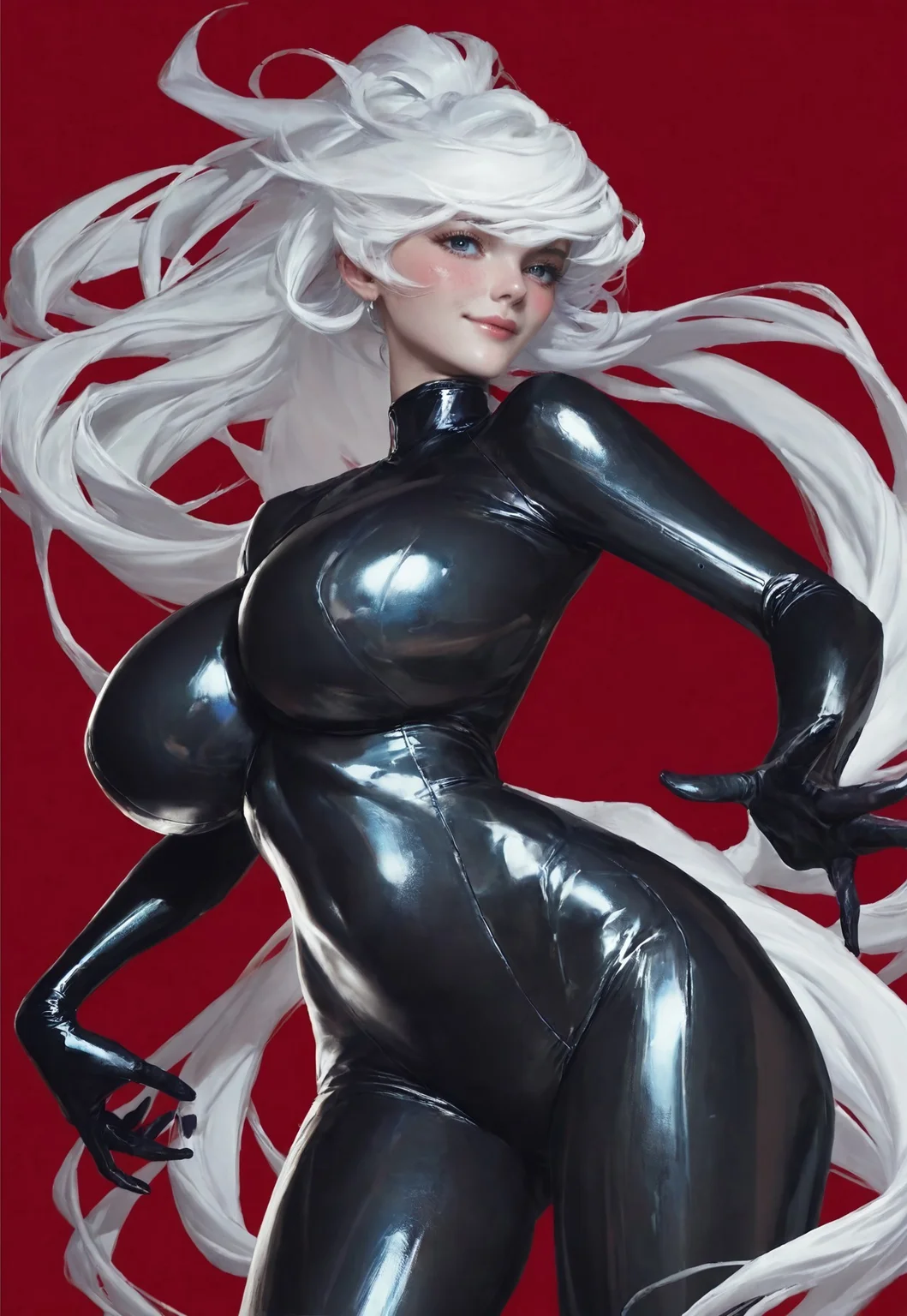 safe_pos, 1girl,cowboy shot,red background,,ruanyi1046,black bodysuit,shiny clothes,skin tight,<lora:1046 black bodysuit_v1_pony:1>, score_9, score_8_up, score_7_up, score_6_up, score_9, score_8_up, score_7_up, score_6_up source_anime, blush, 1girl, seduce smile, perfect body , natural huge breasts