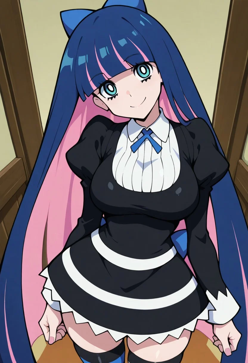 very awa,masterpiece,best quality,panty & stocking with garterbelt , anime screenshot, stocking (psg), big breasts, sexy,
best quality anime, intricate details, dynamic viewing angle, accurate body proportions, skindentation, bedroom background,
smile, looking at viewer, head tilt,
patStocking, stocking anarchy, blue eyes, blue hair, colored inner hair, hair bow, long hair, multicolored hair, pink hair, two-tone hair, bangs, blunt bangs, striped thighhighs, black dress, puffy sleeves, long sleeves, collared shirt, white shirt,