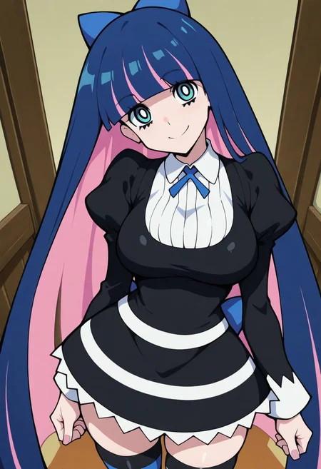 very awa,masterpiece,best quality,panty & stocking with garterbelt , anime screenshot, stocking (psg), big breasts, sexy,
best quality anime, intricate details, dynamic viewing angle, accurate body proportions, skindentation, bedroom background,
smile, looking at viewer, head tilt,
patStocking, stocking anarchy, blue eyes, blue hair, colored inner hair, hair bow, long hair, multicolored hair, pink hair, two-tone hair, bangs, blunt bangs, striped thighhighs, black dress, puffy sleeves, long sleeves, collared shirt, white shirt,