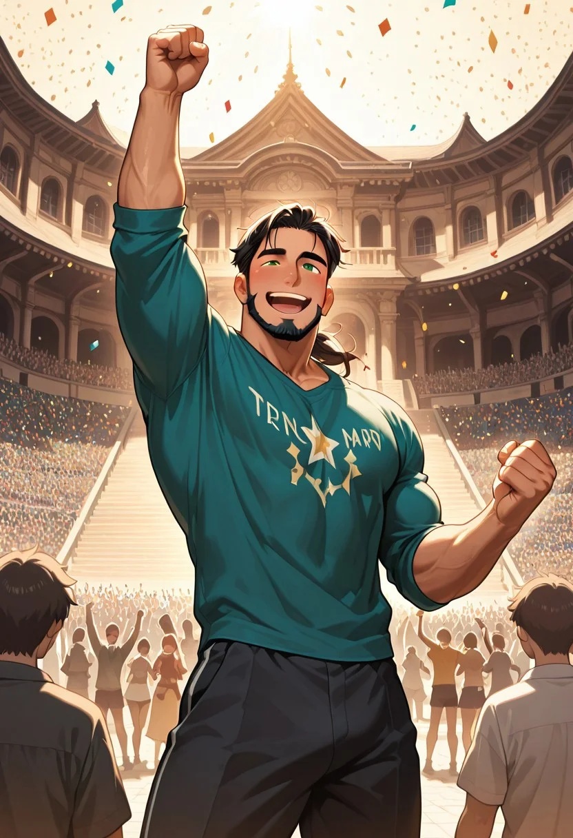 (masterpiece), best quality, 1boy, mbti_enfj, mature man, muscle man, green eyes, black-tied hair, facial hair, coliseum entrance, victory pose, triumphant smile, adoring crowd, confetti falling, bright sunlight, dynamic movement, strong silhouette, charming expression, muscular physique, athletic build, heroic fanfare, historical setting, grand architecture, cheering, celebratory atmosphere