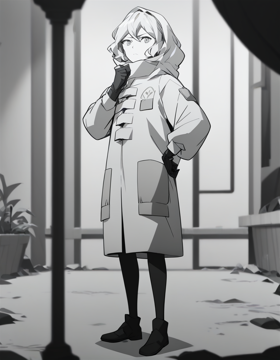 score_9,score_8_up,score_7_up,source_anime,lamiya, anotherstyle, 1girl, solo, monochrome, greyscale, coat, hood, gloves, hood up, hand on hip, closed mouth, hooded coat, full body, short hair, standing, looking at viewer<lora:lamiya_pony:0.75>,<lora:Anime_Screencap:1>,anime screencap,