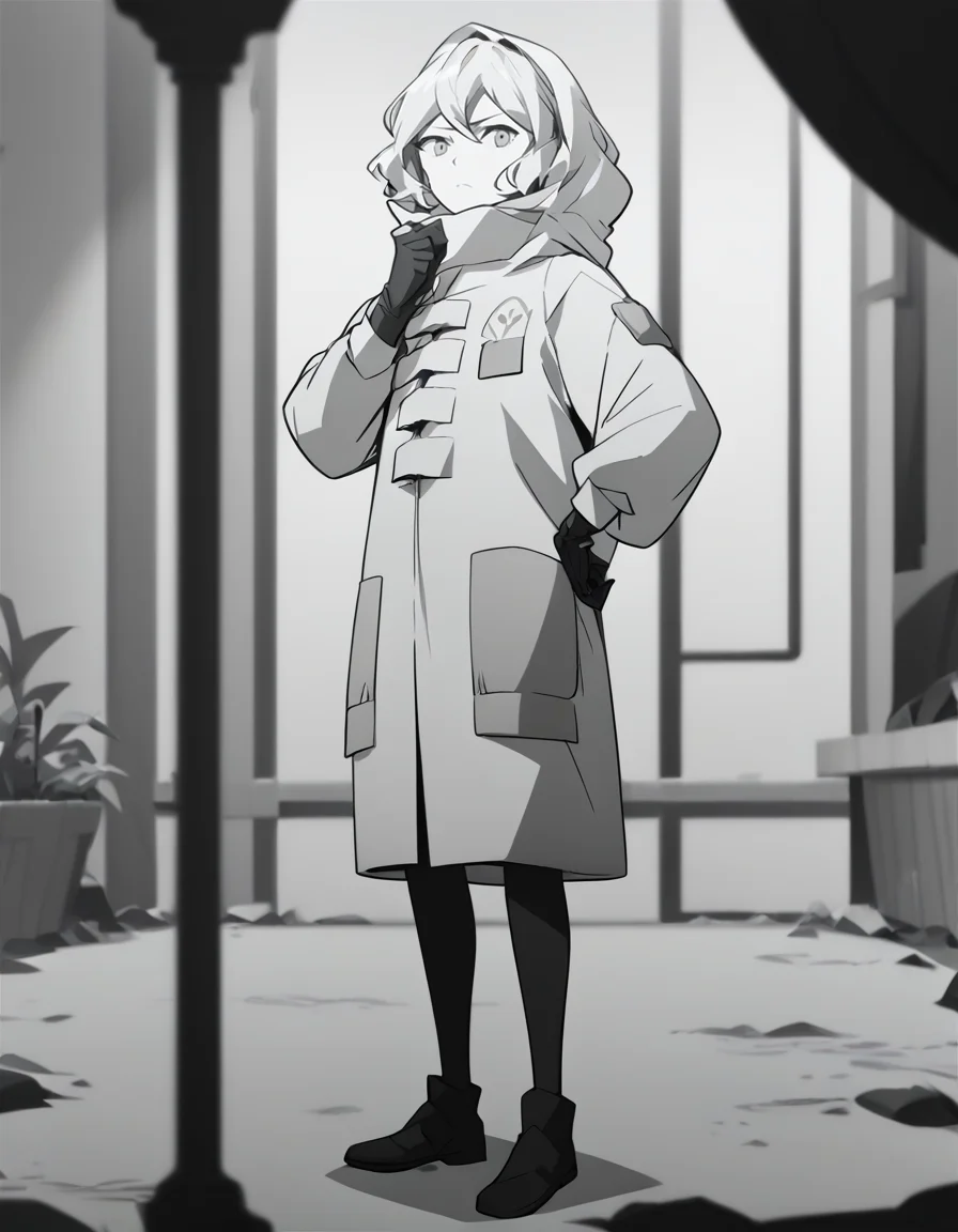 score_9,score_8_up,score_7_up,source_anime,lamiya, anotherstyle, 1girl, solo, monochrome, greyscale, coat, hood, gloves, hood up, hand on hip, closed mouth, hooded coat, full body, short hair, standing, looking at viewer<lora:lamiya_pony:0.75>,<lora:Anime_Screencap:1>,anime screencap,