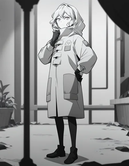 score_9,score_8_up,score_7_up,source_anime,lamiya, anotherstyle, 1girl, solo, monochrome, greyscale, coat, hood, gloves, hood up, hand on hip, closed mouth, hooded coat, full body, short hair, standing, looking at viewer<lora:lamiya_pony:0.75>,<lora:Anime_Screencap:1>,anime screencap,