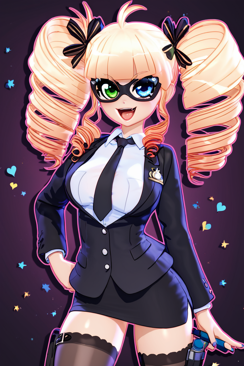 score_9, score_8_up, score_8, (big breasts), (curvy), cute, eyelashes,        BREAK,  1girl, solo, long hair, looking at viewer, smile, open mouth, blue eyes, skirt, blonde hair, shirt, thighhighs, ribbon, twintails, green eyes, jacket, hair ribbon, ahoge, :d, heart, necktie, fang, hand on hip, mask, heterochromia, drill hair, formal, suit, twin drills, pencil skirt, holster, thigh holster  ,<lora:MantisStyle_PDXL_v2:0.8>,   BREAK,    smile, looking at viewer, cowboy shot,   embedding:zPDXL, Expressiveh,  <lora:SDXLFaeTastic2400:0.5>,   <lora:Expressive_H-000001:0.4>,