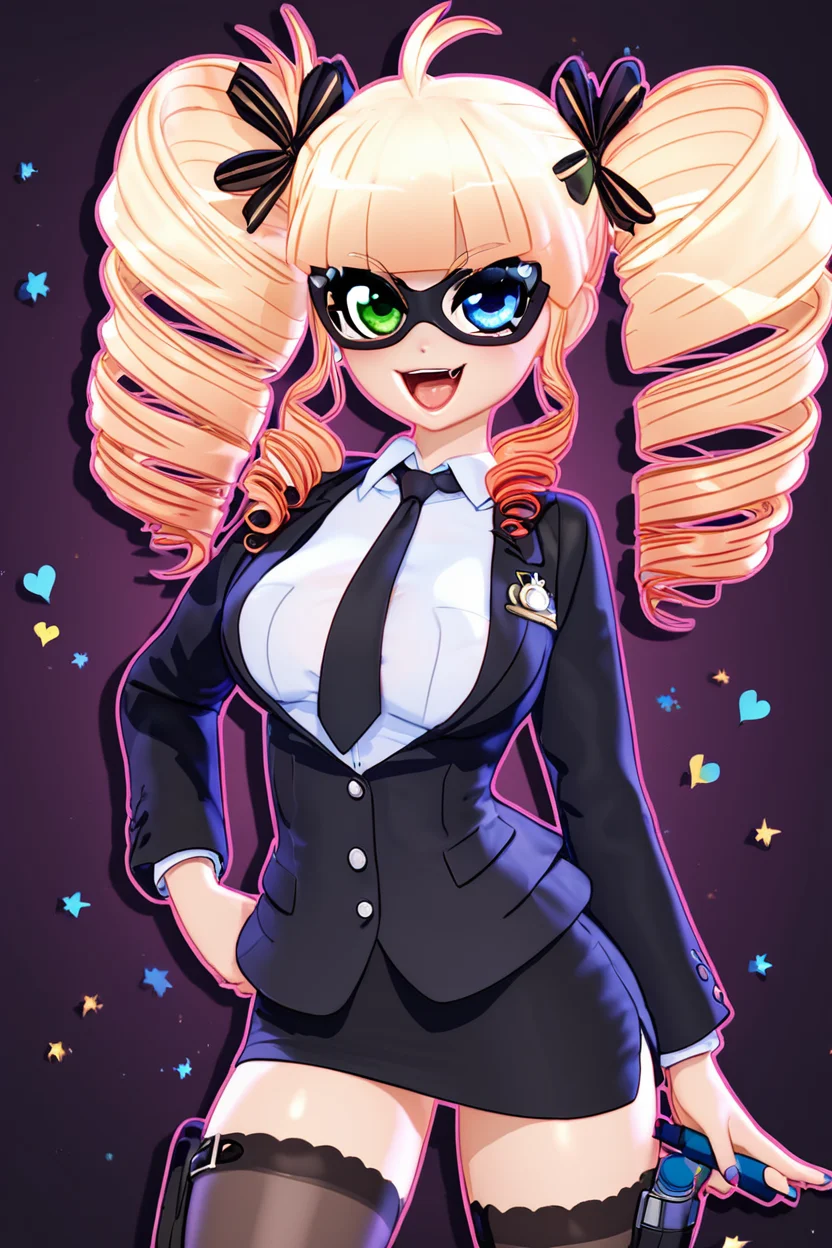 score_9, score_8_up, score_8, (big breasts), (curvy), cute, eyelashes, BREAK, 1girl, solo, long hair, looking at viewer, smile, open mouth, blue eyes, skirt, blonde hair, shirt, thighhighs, ribbon, twintails, green eyes, jacket, hair ribbon, ahoge, :d, heart, necktie, fang, hand on hip, mask, heterochromia, drill hair, formal, suit, twin drills, pencil skirt, holster, thigh holster ,<lora:MantisStyle_PDXL_v2:0.8>, BREAK, smile, looking at viewer, cowboy shot, embedding:zPDXL, Expressiveh, <lora:SDXLFaeTastic2400:0.5>, <lora:Expressive_H-000001:0.4>,