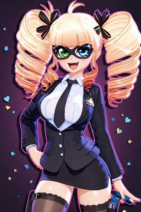 score_9, score_8_up, score_8, (big breasts), (curvy), cute, eyelashes, BREAK, 1girl, solo, long hair, looking at viewer, smile, open mouth, blue eyes, skirt, blonde hair, shirt, thighhighs, ribbon, twintails, green eyes, jacket, hair ribbon, ahoge, :d, heart, necktie, fang, hand on hip, mask, heterochromia, drill hair, formal, suit, twin drills, pencil skirt, holster, thigh holster ,<lora:MantisStyle_PDXL_v2:0.8>, BREAK, smile, looking at viewer, cowboy shot, embedding:zPDXL, Expressiveh, <lora:SDXLFaeTastic2400:0.5>, <lora:Expressive_H-000001:0.4>,