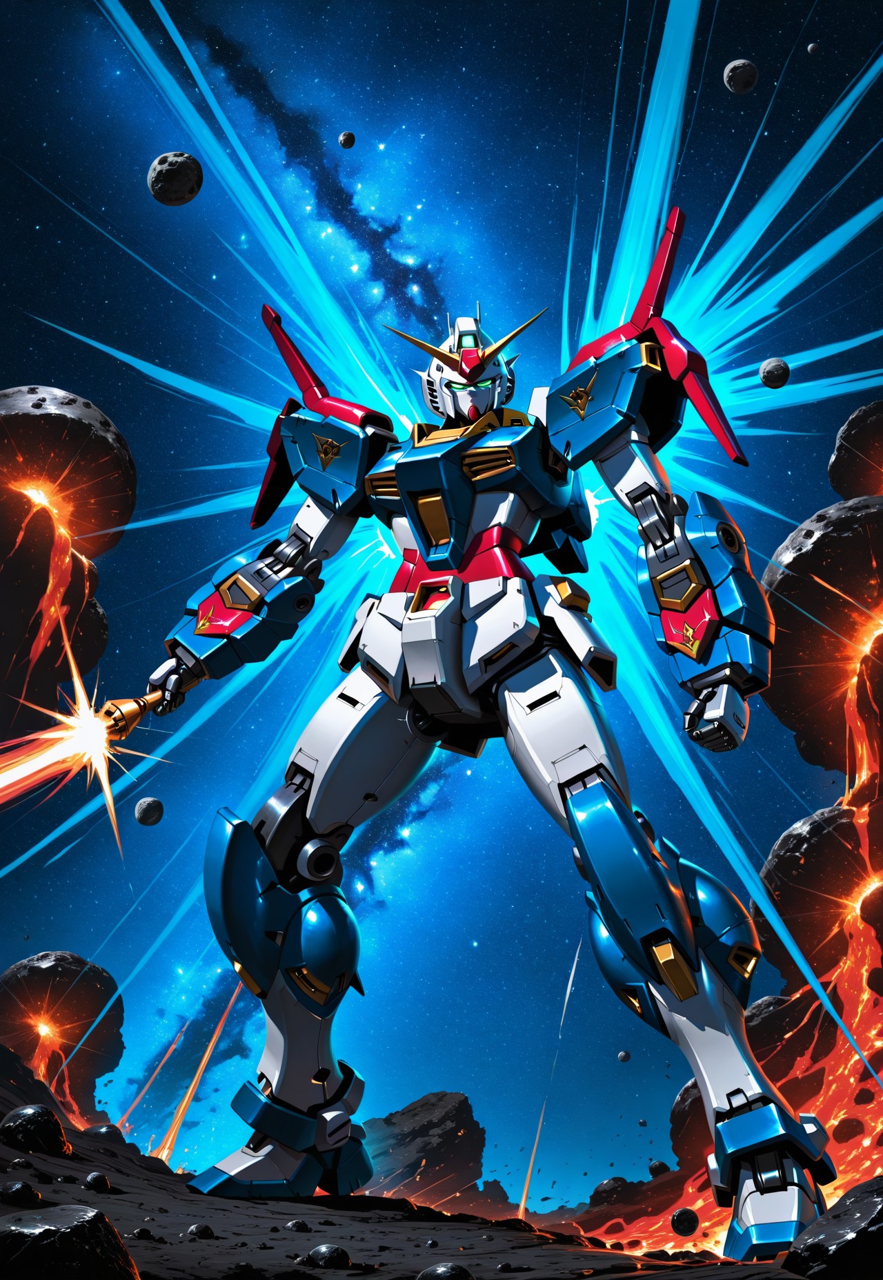 gwen_lol_wr, Gundam mecha, space background, epic battle scene, metallic colors, deep gray, electric blue, molten red highlights, beautiful, asteroid field, starry background, cinematic scale contrast, masterpiece, photorealistic, highly detailed, ExpressiveH, Speedlines