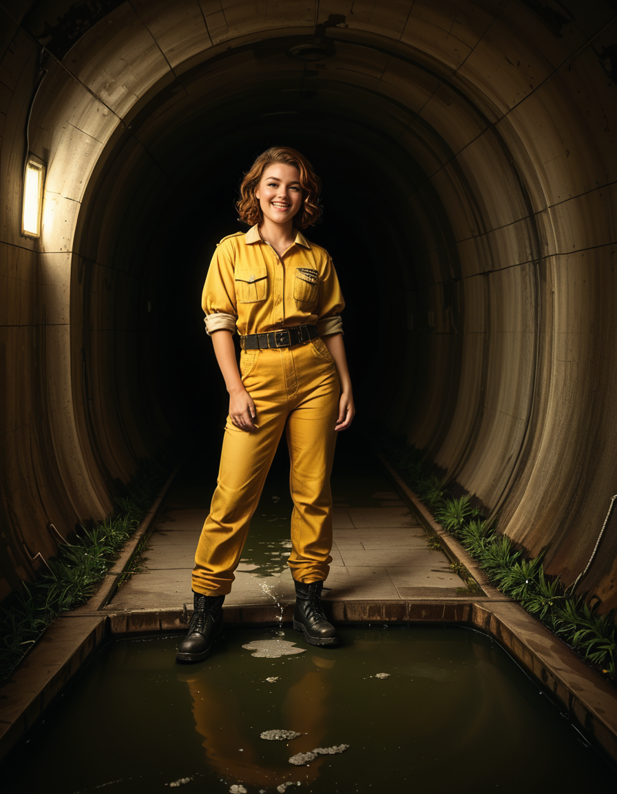A young woman, April O'Neil, stands confidently in front of a large, circular sewer pipe,L4rg3 s3w3r p1p3. She has vibrant red, shoulder-length wavy hair and wears her iconic bright yellow jumpsuit with utility-style details, such as rolled-up sleeves and visible pockets. A brown utility belt is fastened around her waist. She holds a microphone or a small camera in one hand, highlighting her role as a journalist. Her expression is determined and slightly smiling, radiating courage and curiosity.
The sewer pipe behind her is massive and weathered, with green moss and moisture stains around its edges. The interior of the pipe is dark and shadowy, while the exterior is illuminated by soft natural light. There is a small puddle of water or wet ground in front of the pipe, reflecting faint light.
The background features an urban, industrial setting with worn brickwork surrounding the sewer opening, showing signs of age and decay. Small wild plants and grass grow around the base, adding a touch of nature to the scene.
The lighting is soft and dramatic, with natural sunlight streaming in and casting gentle reflections on the ground and inside the pipe. The image is styled as a semi-realistic illustration with vivid, bright colors for April O'Neil, contrasting with the muted, earthy tones of the background. The overall mood is adventurous and cinematic.<lora:SDXLFaeTastic2400:0.4> <lora:extremely_detailed:0.4> extremely detailed, <lora:L4rg3_s3w3r_p1p3:1>, Masterpiece,best quality,hi res,8k,hi res,8k,award winning,(sharp focus, intricate, highly detailed),