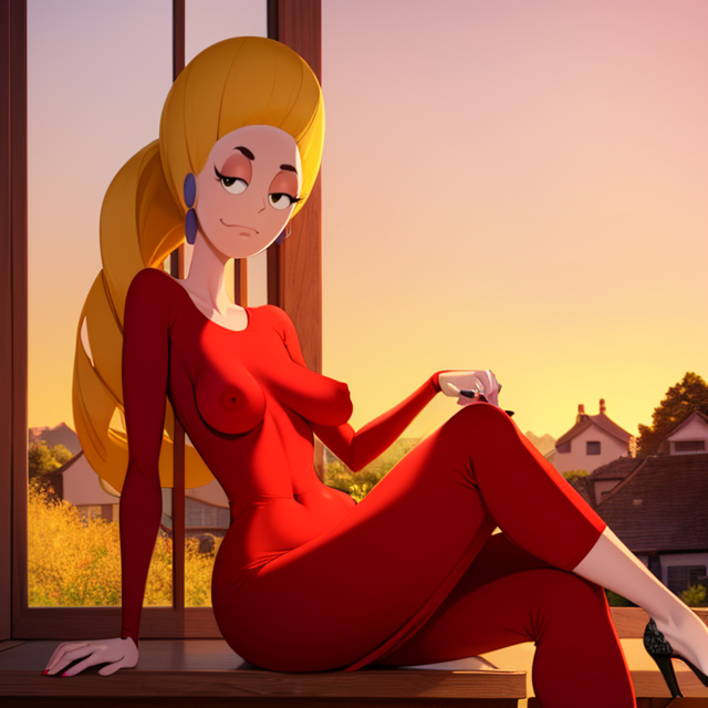 Piklez,   large blond hair going upward, small breasts, navel ,solo, bored expression,  lounging, 
Pikattire,  (long crew neck red dress:1.2), earrings, high heels,  covered nipples,
sitting on red bench, white house, outside, front porch, yellow sky,  radio active landscape, 
(insanely detailed, beautiful detailed face, masterpiece, best quality) <lora:Pickles:0.8>