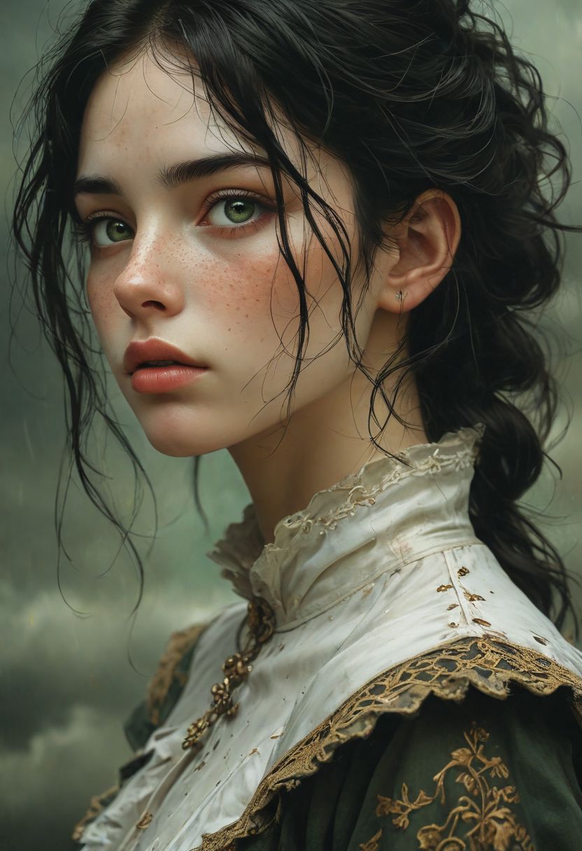Upper body photo, side view, dutch angle,portrait of a Spanish girl,  dark dreams, black hair, alluring, seductive, storm clouds, whimsical charm, ethereal glow, freckles, tack sharp focus on Green eyes, Masterpiece, intricate lines, intriguing atmosphere, sharp magnificent details, delicate features, elaborate details, (2\3 rule composition:0.5), award winning illustration by Heather Theurer and Luis Royo, volumetric lighting, eye contact with viewer <lora:add-detail-xl:1>  <lora:MJ52:0.5>  <lora:sdxl_lightning_8step_lora:1>