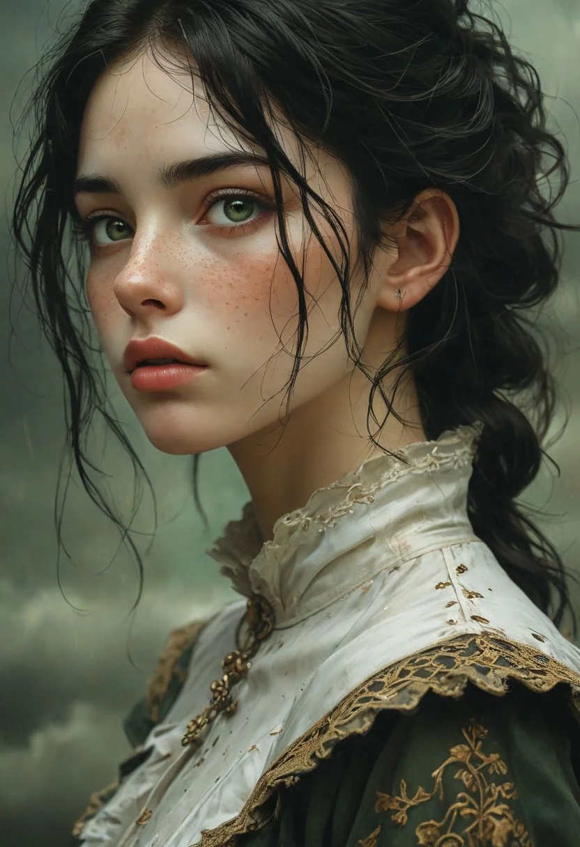 Upper body photo, side view, dutch angle,portrait of a Spanish girl,  dark dreams, black hair, alluring, seductive, storm clouds, whimsical charm, ethereal glow, freckles, tack sharp focus on Green eyes, Masterpiece, intricate lines, intriguing atmosphere, sharp magnificent details, delicate features, elaborate details, (2\3 rule composition:0.5), award winning illustration by Heather Theurer and Luis Royo, volumetric lighting, eye contact with viewer <lora:add-detail-xl:1>  <lora:MJ52:0.5>  <lora:sdxl_lightning_8step_lora:1>