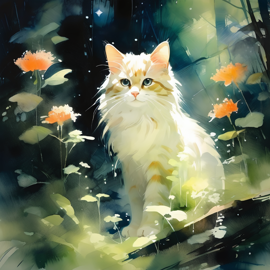 a cat in forest,bloom,night,soft light,shadows,oil and watercolor painting,<lora:oil_and_watercolor_painting:0.75>,