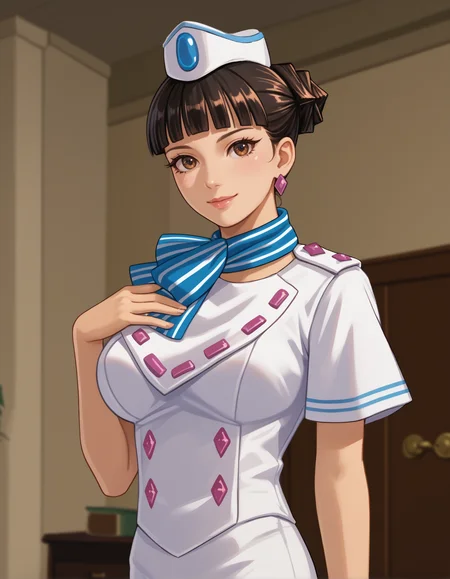 score_9, score_8_up, score_7_up,score_6_up  source_anime, 
1girl,large breasts, hand on own chest,indoors,smile
  rhodateneiro,brown eyes,flight attendant, single hair bun, short hair, blunt bangs,black hair  ,garrison cap,  striped bowtie, short sleeve jacket, white pencil skirt    <lora:rhoda_teneiro-koto-PonyXL-000010:1>