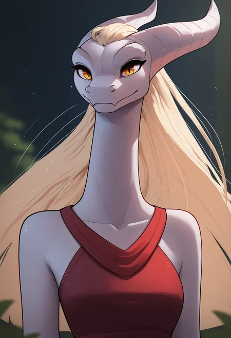 score_9, score_8_up, score_7_up, <lora:mis'alia-guy-PONY-LyCORISv1:.9>, mis'alia, 1girl, solo, furry female, white skin, dragon girl, horns, snout, portrait, <lora:liangxing-guy-PONYv1:1> depth of field, light particles, dress, bare shoulders,