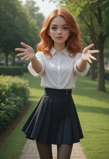 safe_pos, score_9_up, scorscore_9_up, score_8_up, score_7_up, 1girl, young, pretty face, bellissima, sexy, flowing ginger hair, skirt, pantyhose, blush, at a park, incoming hug, depth of field.

