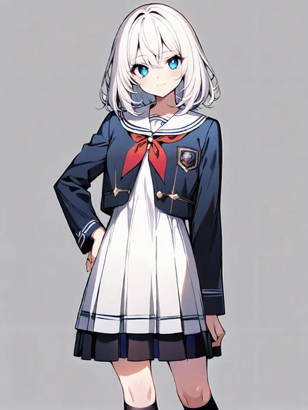 masterpiece,ultra-detailed,best quality,8K,illustration,cute face,clean skin ,shiny hair,solo,girl,ultra-detailed-eyes,simple background, <lora:jyoji formal_XL_illustrious_V1.0:1> jyojifuku, dress, long sleeves, jacket,school uniform,kneesocks