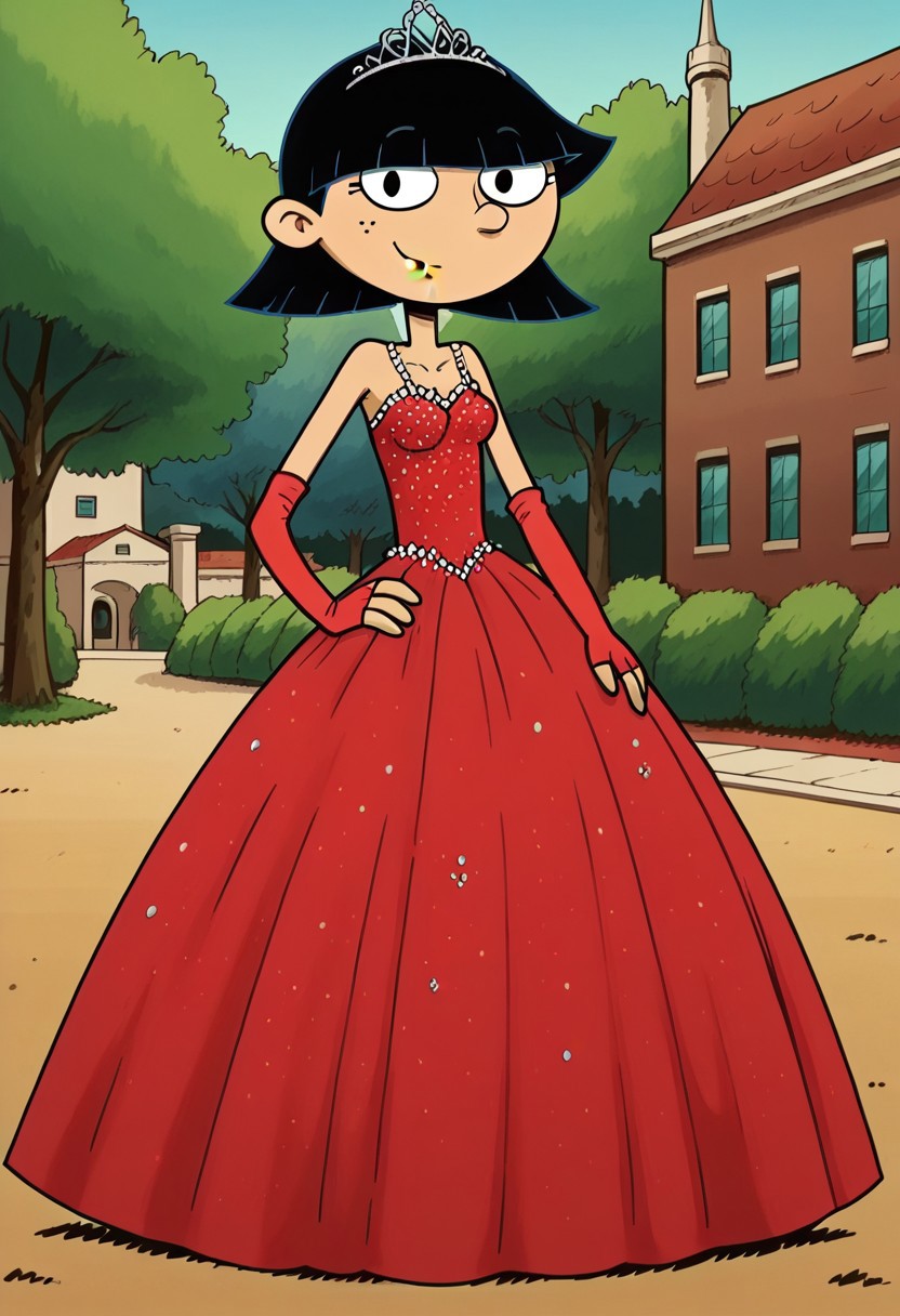 score_9_up,score_8_up,score_7_up,score_6_up,score_5_up,score_4_up BREAK rhonda,black hair, black eyes, bob cut, blunt bangs, Very large red floor length gown, ball gown, rhimestones. She is also wearing a tiara, hoop skirt, dome shape skirt, quinceanera, prom, pageant, long elbow length red fingerless Satin bridal gloves, contrapposto, hand on own hip, park, tree, building,smile,arm at side, leaning to the side, dutch angle, looking at viewer,    <lora:RhondaPony:1>