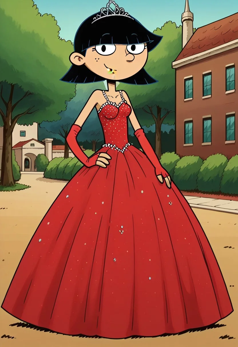 score_9_up,score_8_up,score_7_up,score_6_up,score_5_up,score_4_up BREAK rhonda,black hair, black eyes, bob cut, blunt bangs, Very large red floor length gown, ball gown, rhimestones. She is also wearing a tiara, hoop skirt, dome shape skirt, quinceanera, prom, pageant, long elbow length red fingerless Satin bridal gloves, contrapposto, hand on own hip, park, tree, building,smile,arm at side, leaning to the side, dutch angle, looking at viewer,    <lora:RhondaPony:1>