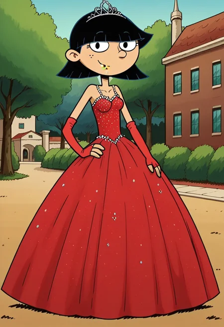 score_9_up,score_8_up,score_7_up,score_6_up,score_5_up,score_4_up BREAK rhonda,black hair, black eyes, bob cut, blunt bangs, Very large red floor length gown, ball gown, rhimestones. She is also wearing a tiara, hoop skirt, dome shape skirt, quinceanera, prom, pageant, long elbow length red fingerless Satin bridal gloves, contrapposto, hand on own hip, park, tree, building,smile,arm at side, leaning to the side, dutch angle, looking at viewer,    <lora:RhondaPony:1>