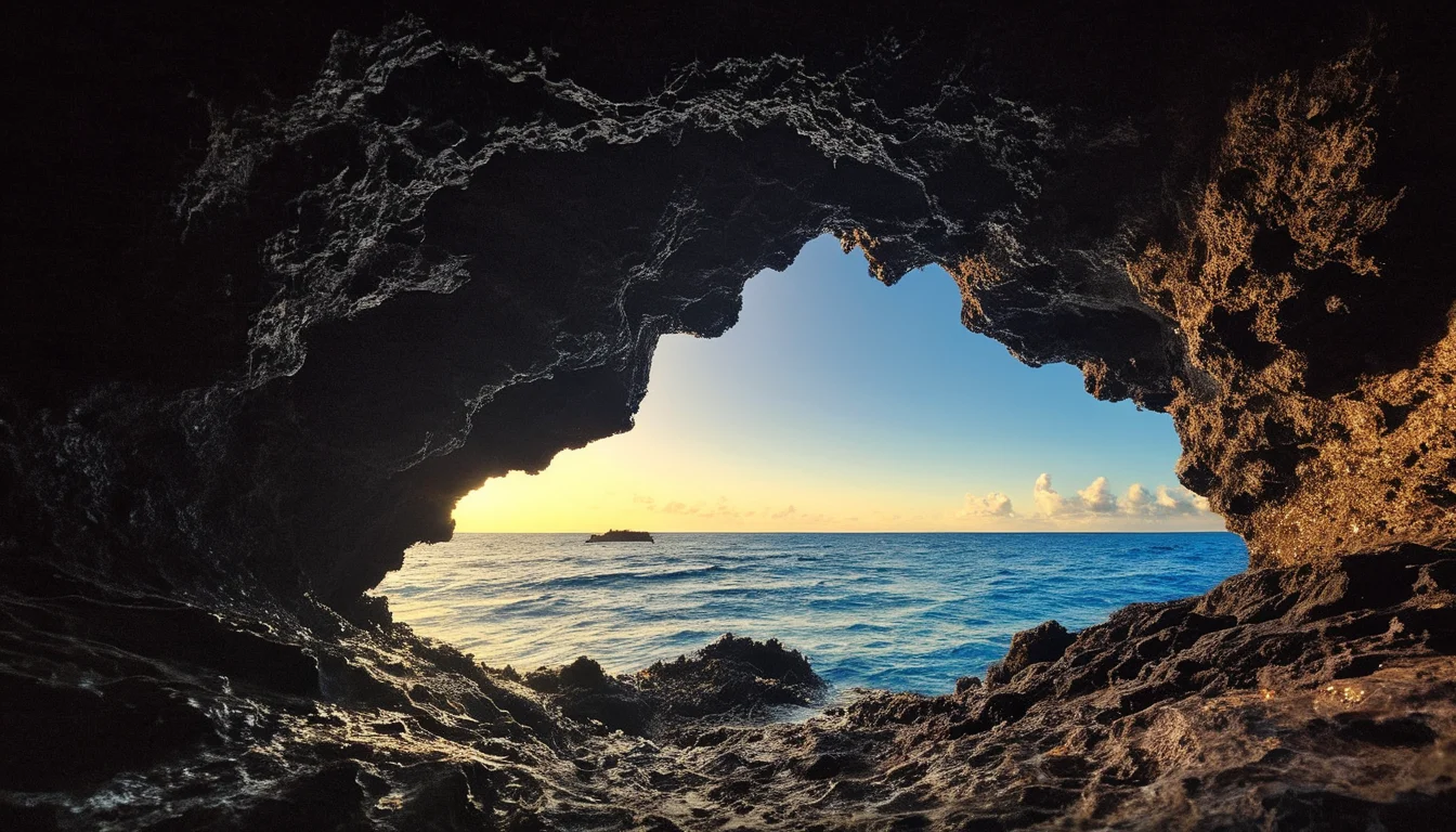 amazing photograph of gorgeous view, award winning, breathtaking, photo of the year, 4k, hyperrealistic, dramatic lighting  <lora:Earth35_000010:0.4> <lora:Landscape_Unleashed:0.8>
 The image captures a breathtaking scene of an underwater cave. The cave, with its dark and mysterious interior, is illuminated by the sunlight filtering through the top. Inside, the cave walls are adorned with various types of seaweeds, adding a touch of life to the otherwise inanimate environment. Outside, the ocean extends into the distance, its surface disturbed by small waves. The perspective of the photo is from within the cave, looking out towards the ocean, creating an interesting interplay between light and shadow. This image truly encapsulates the beauty and mystery of underwater caves.