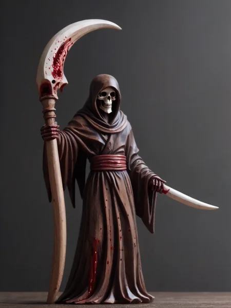 woodfigurez, wooden figure, father death, holding a huge sickle, with blood on it, dark background, backroom light <lora:woodfigurez-sdxl:0.6>
