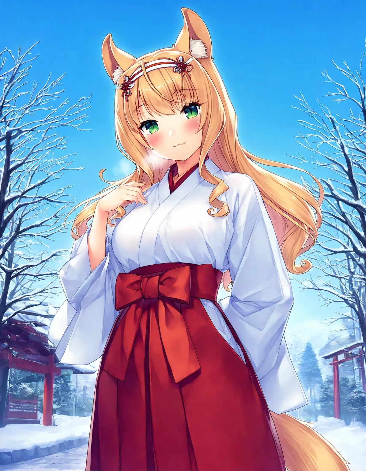 masterpiece, best quality, good quality, very awa, very aesthetic, absurdres, newest,maple \(nekopara\), 1girl, miko, japanese clothes, solo, green eyes, long hair, outdoors, red hakama, hakama, blonde hair, looking at viewer, hakama skirt, :3, torii, day, snow, tree, skirt, animal ear fluff, white kimono, wide sleeves, blush, kimono, smile, hair ribbon, ribbon, medium breasts, long sleeves, closed mouth, breath, hand up, bare tree, arm behind back,<lora:maple_nekopara:0.8>