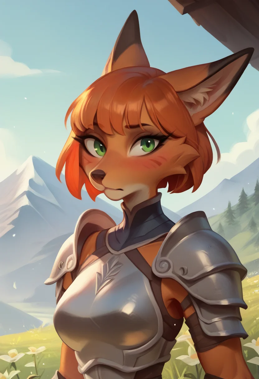 score_9, score_8_up, score_7_up, score_6_up, score_5_up, score_4_up, BREAK rating_safe, fox, furry female, outdoors, armor, solo, green eyes, mountain, orange hair, looking at viewer, shoulder armor, short hair, breastplate, upper body, day, sky, closed mouth, flower, blush, pauldrons, mountainous horizon, bangs, blue sky, grass <lora:Bonifasco_PonyXL_v1:1>