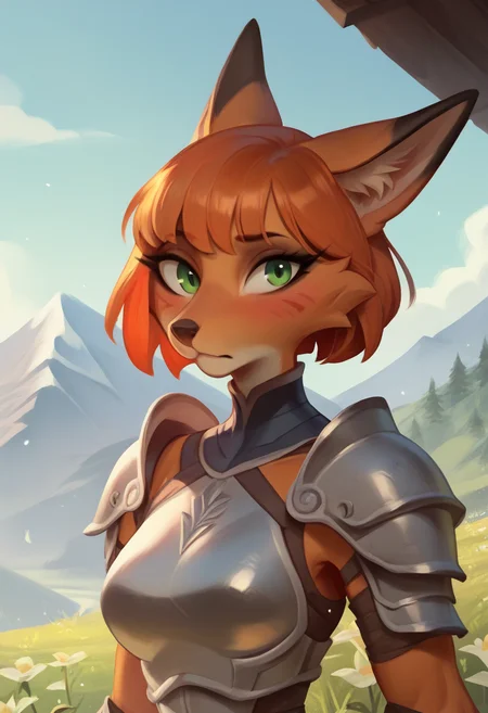 score_9, score_8_up, score_7_up, score_6_up, score_5_up, score_4_up, BREAK rating_safe, fox, furry female, outdoors, armor, solo, green eyes, mountain, orange hair, looking at viewer, shoulder armor, short hair, breastplate, upper body, day, sky, closed mouth, flower, blush, pauldrons, mountainous horizon, bangs, blue sky, grass <lora:Bonifasco_PonyXL_v1:1>