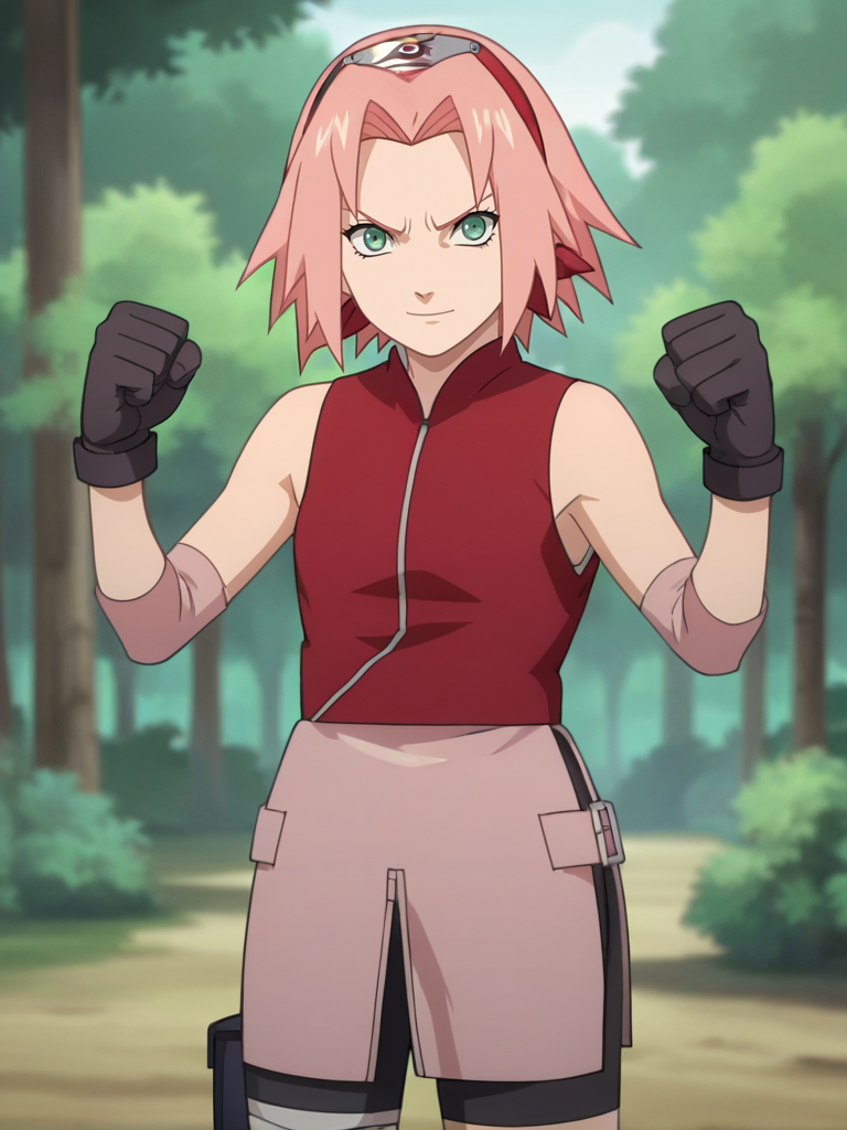 score_9, score_8_up,source_anime,
1girl, haruno sakura, pink hair, short hair, green eyes, sleeveless, red shirt, forehead protector, bike shorts, shorts, black gloves,
clenched hands, solo, looking at viewer, angry, standing, smile, cowboy shot, outdoors, forest, anime screencap, anime coloring    <lora:SakuraShippudenXL:1>