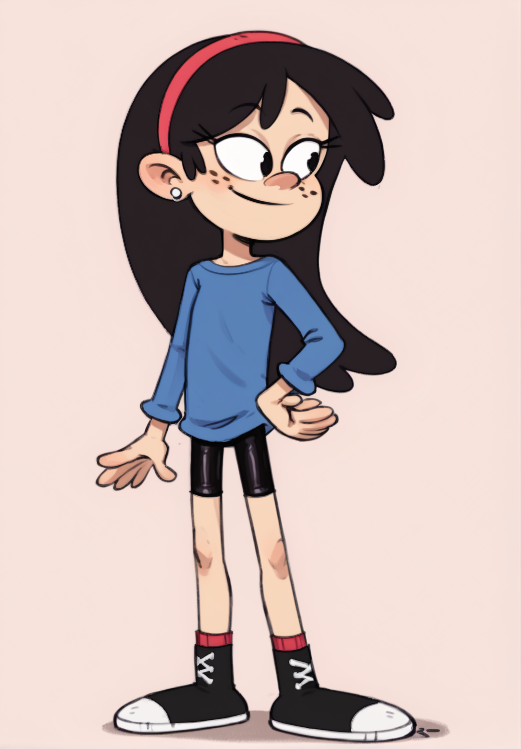 ((score_9)), score_8_up, ((high quality)), ((masterpiece)) BREAK
 SidC, 1girl, good hands, five fingered hands, long sleeve shirt, freckles, earring, bike shorts, black hair<lora:Sid_Chang:0.8>