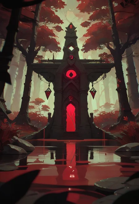 score_9, score_8_up, score_7_up, score_6_up, arkn, detailed drawing, forest, autumn, black and Red stone cult temple, ravens,  Red water pond, black tentacles coming Out of pondgrass, midday, merricles sun burning down, dynamic light,