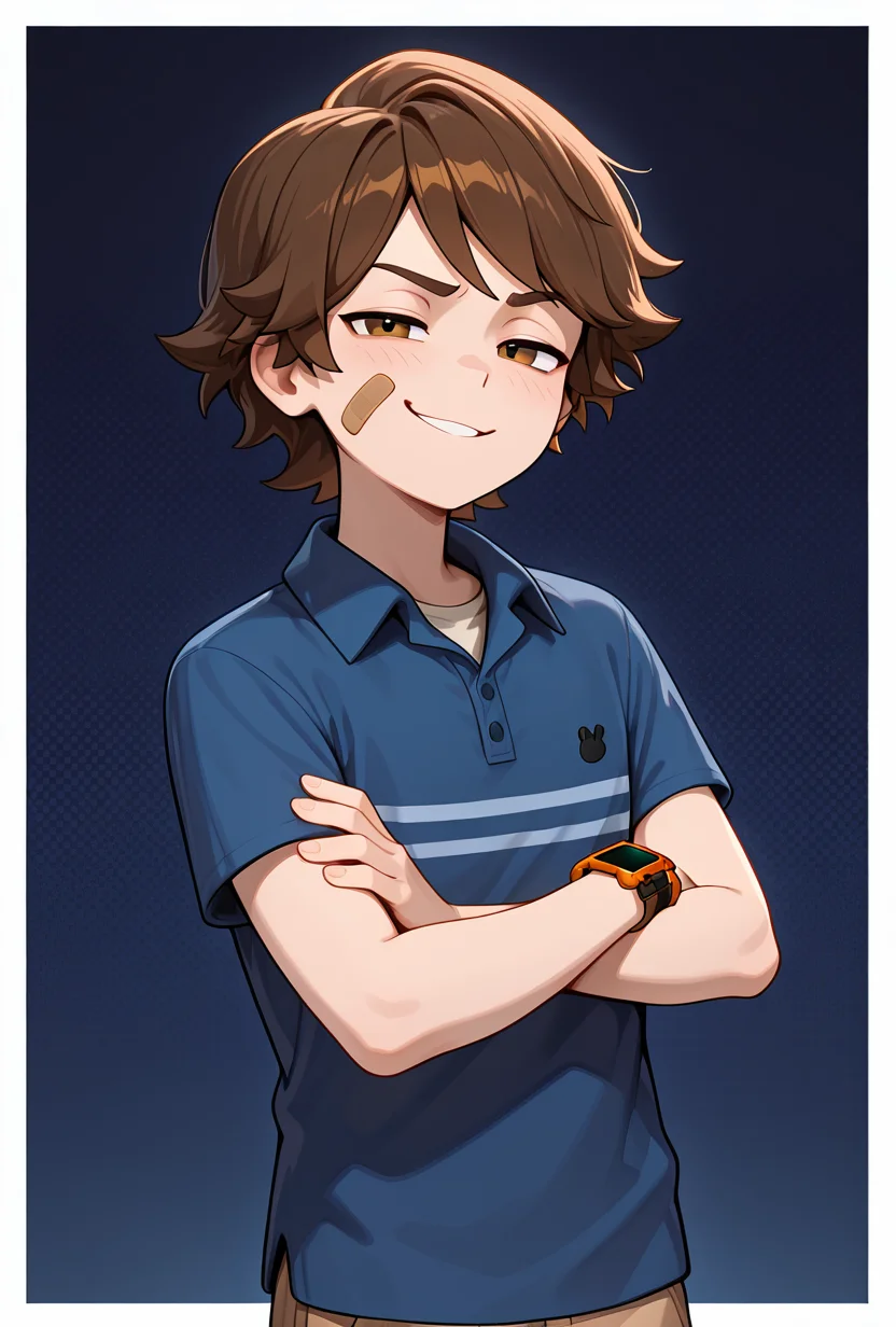 <lora:gregoryfnaf-10:1> gregoryfnaf, blue shirt, brown hair, 1boy, short hair, short sleeves, bandaid on face, brown shorts, collared shirt, polo shirt, orange watch, smug, crossed arms, dark blue background,, masterpiece, best quality, amazing quality, very aesthetic, absurdres, newest,, upper body, halftone effect, white borders, abstract background:1.2,