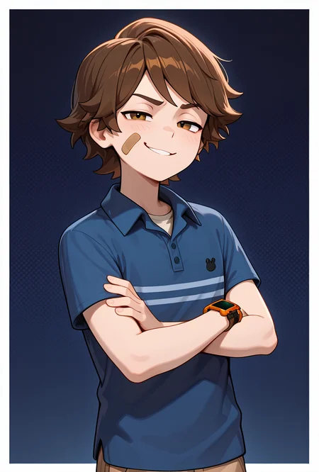 <lora:gregoryfnaf-10:1> gregoryfnaf, blue shirt, brown hair, 1boy, short hair, short sleeves, bandaid on face, brown shorts, collared shirt, polo shirt, orange watch, smug, crossed arms, dark blue background,, masterpiece, best quality, amazing quality, very aesthetic, absurdres, newest,, upper body, halftone effect, white borders, abstract background:1.2,